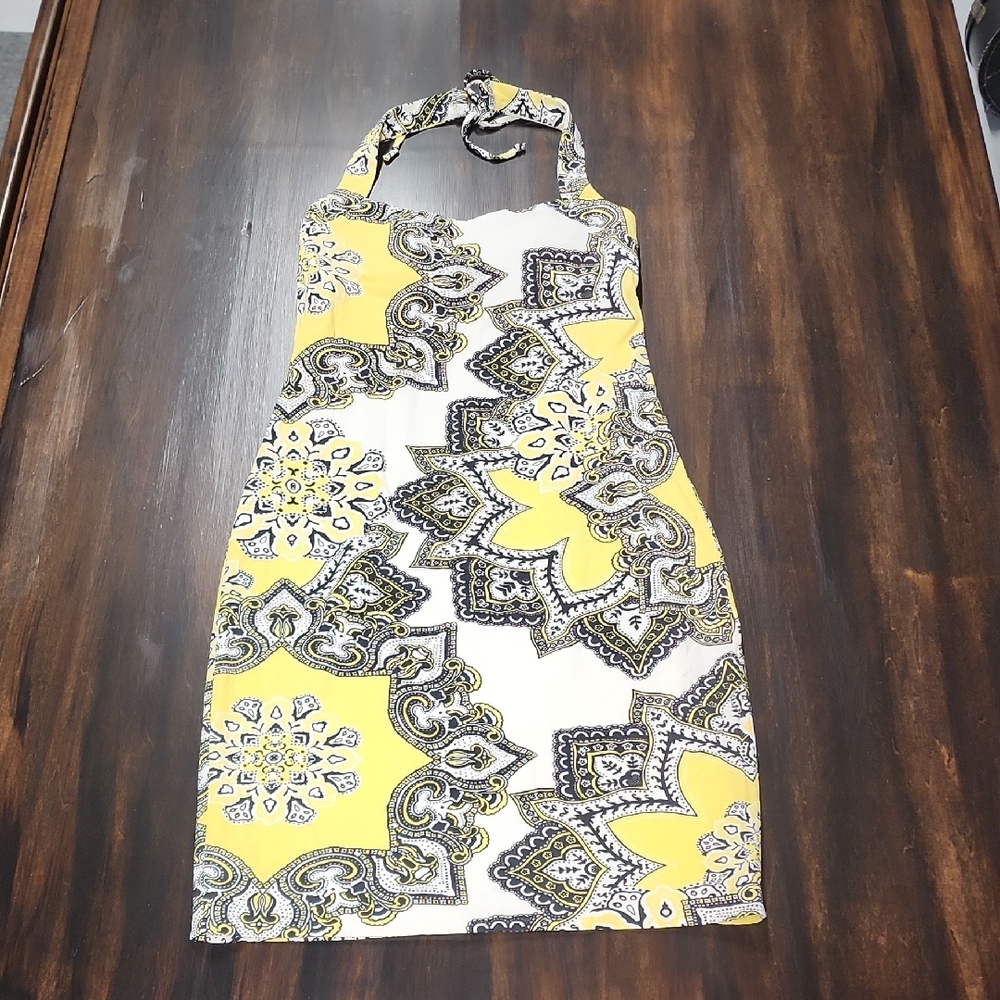 Cache Strapless Dress with Yellow and Black Pattern
